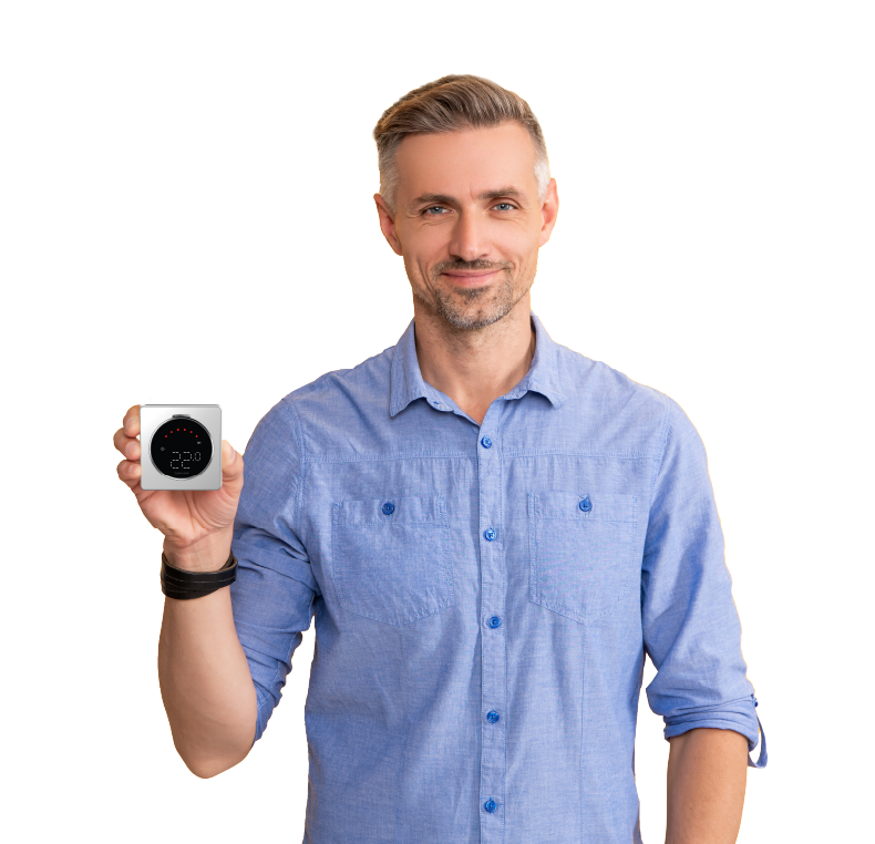 Men adjusting smart thermostat SALUS Controls