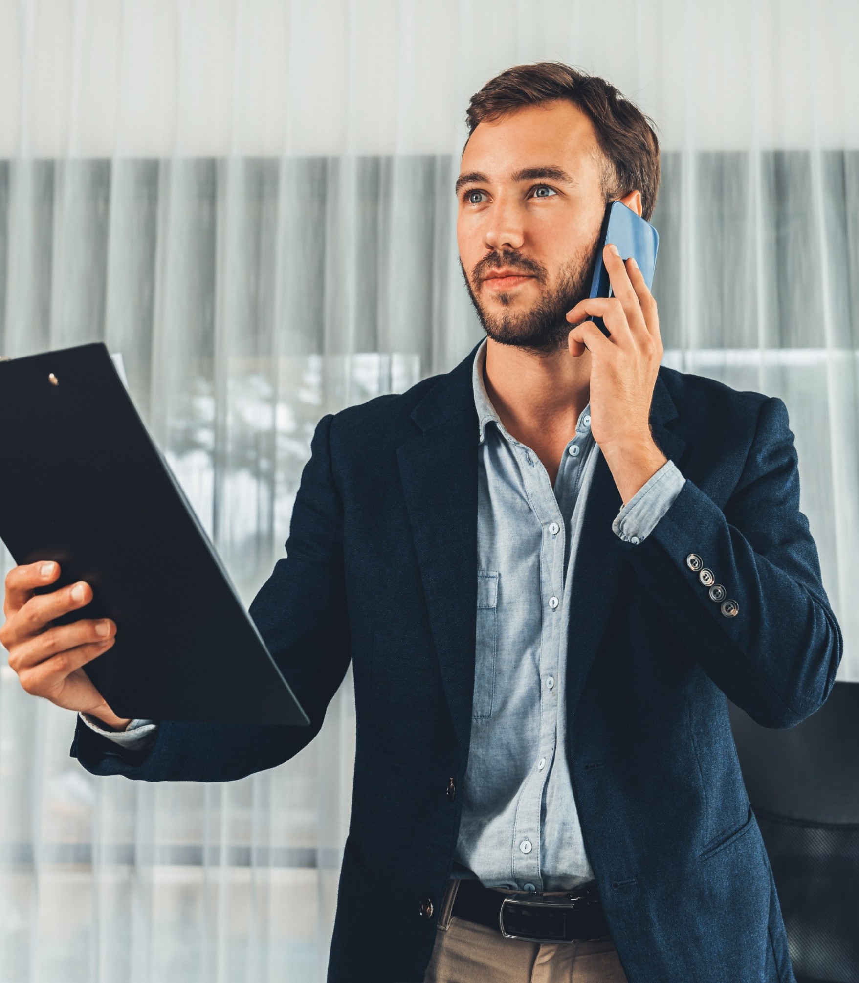 hardworking businessman stand modern office talking phone entity 1